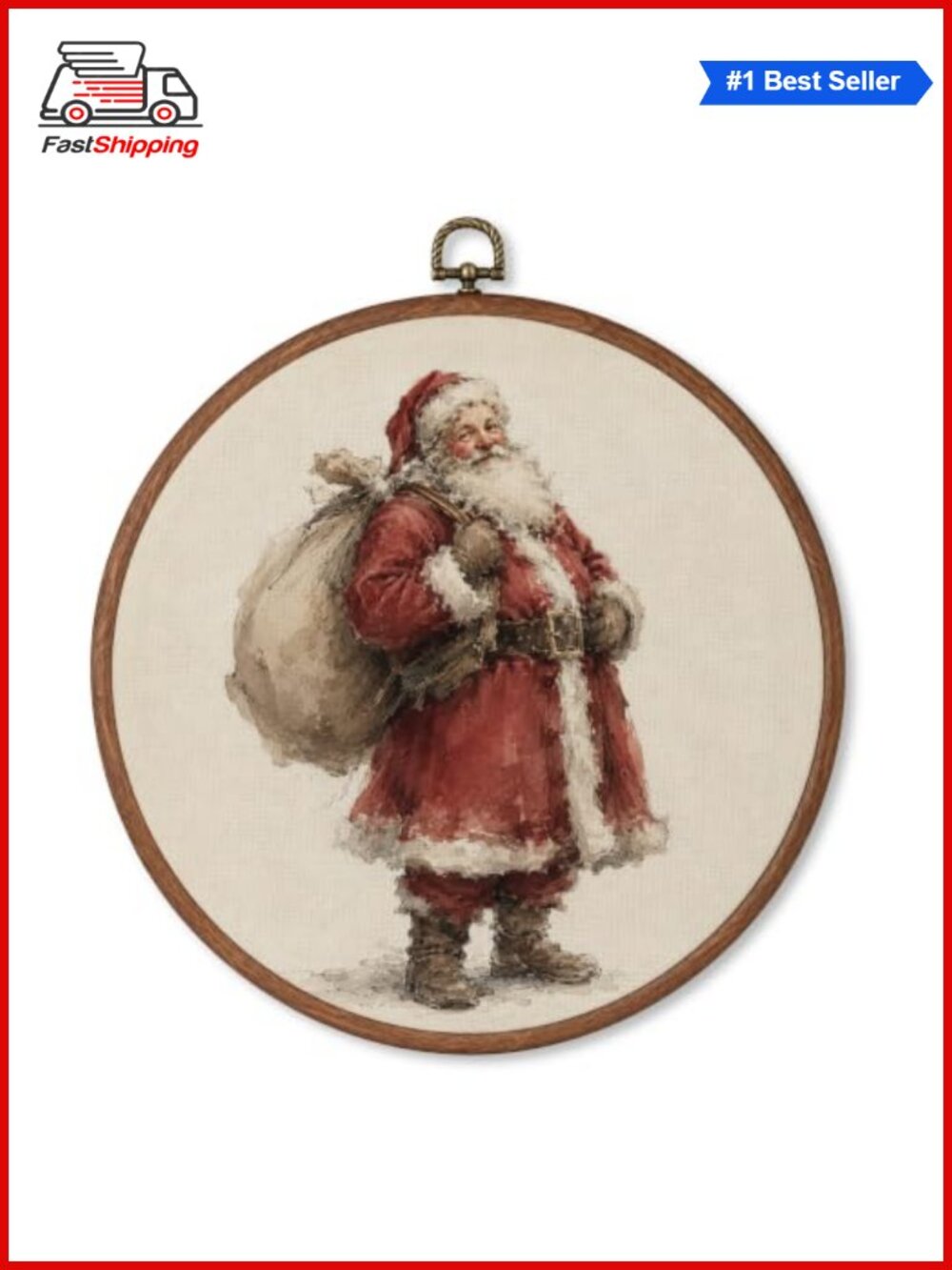 🎅 Vintage Santa Claus Christmas Round Wood Frame Wall Art 10 Inch